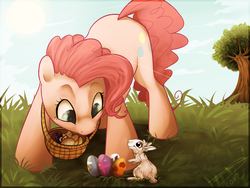 Size: 1600x1200 | Tagged: safe, artist:imalou, angel bunny, pinkie pie, earth pony, pony, rabbit, g4, animal, basket, description at source, duo, easter egg, face down ass up, female, front view, grass, head down, looking at each other, looking at someone, looking down, mare, raised eyebrows, scenery, smiling, tree