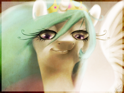Size: 1600x1200 | Tagged: safe, anonymous artist, princess celestia, alicorn, pony, ponies: the anthology 2, rainbow mother earth, g4, bust, cats millionaire, creepy, eyelashes, faic, female, grin, looking at you, looking down, mare, nightmare fuel, portrait, smiling, smuglestia, sneer, solo