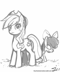 Size: 667x800 | Tagged: safe, artist:johnjoseco, apple bloom, applejack, earth pony, pony, zombie, story of the blanks, g4, bad end, blanked apple bloom, female, filly, glowing eyes, grass, grayscale, gritted teeth, mare, monochrome, signature, sketch, teeth, url