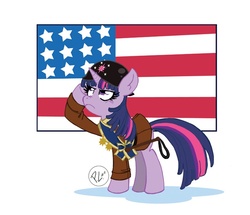 Size: 700x603 | Tagged: safe, artist:greenwiggly, twilight sparkle, pony, unicorn, g4, american flag, clothes, female, flag, helmet, mare, patton, salute, simple background, solo, uniform, world war ii