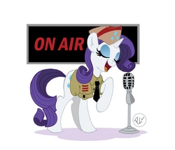 Size: 700x603 | Tagged: safe, artist:greenwiggly, rarity, pony, unicorn, g4, clothes, female, hat, microphone, necktie, on air, simple background, singing, solo, uniform