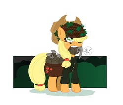 Size: 700x603 | Tagged: safe, artist:greenwiggly, applejack, earth pony, pony, g4, bush, camouflage, clothes, female, grenade, grenades, hat, helmet, mouth hold, saddle bag, simple background, solo, uniform, weapon