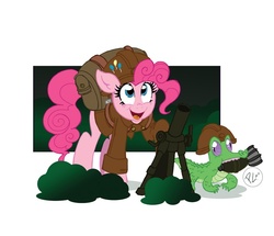 Size: 700x603 | Tagged: safe, artist:greenwiggly, gummy, pinkie pie, earth pony, pony, g4, backpack, bush, clothes, female, helmet, mortar, simple background, uniform