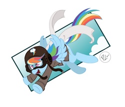 Size: 700x603 | Tagged: safe, artist:greenwiggly, rainbow dash, pegasus, pony, g4, clothes, cloud, female, flying, goggles, helmet, scarf, simple background, solo, uniform, wings