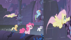 Size: 853x480 | Tagged: safe, screencap, applejack, fluttershy, pinkie pie, rainbow dash, rarity, friendship is magic, g4, season 1, animation error, castle of the royal pony sisters, element of kindness, female, remane five