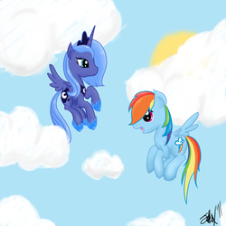 Size: 2000x2000 | Tagged: dead source, safe, artist:fribox, princess luna, rainbow dash, alicorn, pegasus, pony, g4, cloud, cloudy, duo, duo female, female, flying, high res, open mouth, s1 luna