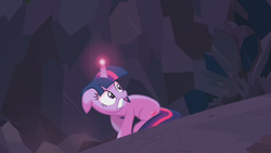 Size: 853x480 | Tagged: safe, screencap, twilight sparkle, pony, unicorn, a canterlot wedding, g4, season 2, crystal caverns, female, glowing horn, horn, mare, scared, solo, unicorn twilight