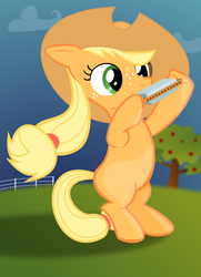 Size: 743x1024 | Tagged: safe, artist:buckethelm, applejack, earth pony, pony, g4, bipedal, female, filly, foal, harmonica, musical instrument, solo, younger