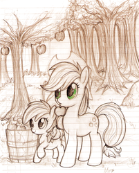 Size: 1031x1280 | Tagged: safe, artist:mn27, apple bloom, applejack, earth pony, pony, g4, apple, duo, female, filly, lined paper, mare, monochrome, partial color, sisters, traditional art, tree