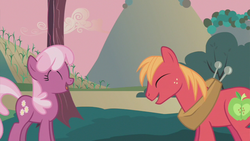 Size: 853x480 | Tagged: safe, screencap, big macintosh, cheerilee, earth pony, pony, g4, hearts and hooves day (episode), hearts and hooves day, laughing, male, stallion