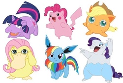 Size: 780x524 | Tagged: safe, artist:freakin-ninja, artist:klarnetist, artist:nrxia, applejack, fluttershy, pinkie pie, rainbow dash, rarity, twilight sparkle, drowzee, eevee, jigglypuff, pikachu, psyduck, slowpoke (pokémon), g4, crossover, female, flutterduck, mane six, pinkachu, pokefied, pokémon, ponymon