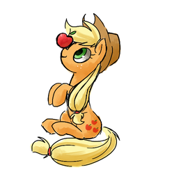 Size: 500x500 | Tagged: safe, artist:reuniclus, applejack, earth pony, pony, g4, apple, balancing, female, obligatory apple, ponies balancing stuff on their nose, simple background, sitting, solo