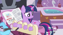 Size: 1149x644 | Tagged: safe, screencap, lotus blossom, princess celestia, twilight sparkle, pony, unicorn, g4, ponyville confidential, butt, cakelestia, female, hoof spongey thing, hub logo, hubble, lettering, mare, plot, spa, stuffing, unicorn twilight