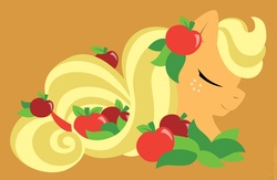 Size: 1500x975 | Tagged: safe, artist:raygirl, part of a set, applejack, earth pony, pony, g4, apple, bust, eyes closed, female, food, hooves, lineless, mare, minimalist, modern art, orange background, portrait, profile, simple background, solo, wallpaper
