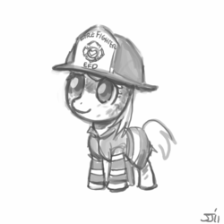 Size: 700x700 | Tagged: safe, artist:johnjoseco, dinky hooves, pony, unicorn, g4, luna eclipsed, clothes, costume, cute, dinkabetes, female, filly, firefighter, firefighter dinky hooves, firefighter helmet, grayscale, halloween, halloween costume, helmet, holiday, monochrome, nightmare night, nightmare night costume, smiling, solo