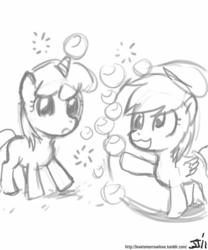 Size: 500x600 | Tagged: safe, artist:johnjoseco, derpy hooves, dinky hooves, g4, :3, bubble, filly, foal, grayscale, monochrome