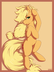 Size: 825x1100 | Tagged: safe, artist:blackkaries, applejack, earth pony, pony, g4, bed mane, bedroom eyes, blushing, female, looking at you, mare, on back, solo, sultry pose