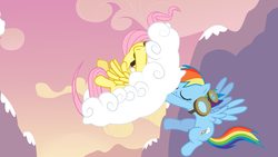 Size: 8000x4500 | Tagged: safe, artist:kittyhawk-contrail, fluttershy, rainbow dash, pegasus, pony, g4, hurricane fluttershy, absurd resolution, catching, cloud, duo, eyes closed, female, goggles, mare, vector