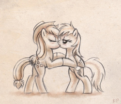 Size: 800x688 | Tagged: safe, artist:kp-shadowsquirrel, applejack, rainbow dash, earth pony, pegasus, pony, g4, bipedal, blushing, butt, duo, eyes closed, female, kiss on the lips, kissing, lesbian, mare, monochrome, plot, ship:appledash, shipping