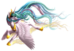 Size: 1600x1100 | Tagged: safe, artist:kittehkatbar, princess celestia, alicorn, pony, g4, female, flying, mare, simple background, solo, transparent background