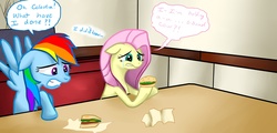 Size: 1695x815 | Tagged: safe, artist:verypen, fluttershy, rainbow dash, pegasus, pony, g4, burger, duo, female, food, hamburger, meat, ponies eating meat