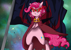 Size: 1099x774 | Tagged: safe, artist:buljong, pinkie pie, earth pony, pony, ask doctor whooves, g4, cape, clothes, crossover, female, flag, grin, hotblooded pinkie pie, kamina, mare, smiling, solo, tengen toppa gurren lagann