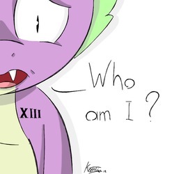 Size: 900x900 | Tagged: safe, artist:keentao, spike, dragon, g4, 13, baby, baby dragon, dialogue, fangs, male, purple skin, question, roman numerals, sad, signature, simple background, slit pupils, solo, white background, xiii