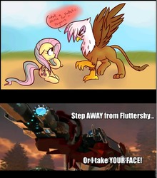 Size: 845x960 | Tagged: safe, fluttershy, gilda, griffon, g4, griffon the brush off, gilda drama, give me your face, optimus prime, transformers