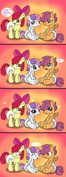 Size: 1143x3053 | Tagged: safe, artist:fillyscoots42, apple bloom, scootaloo, sweetie belle, earth pony, pegasus, pony, unicorn, g4, comic, crinkleloo, cute, cutie mark crusaders, diaper, diaperloo, female, filly, fillyscoots, foal, incontinent, mare, non-baby in diaper, peeing in diaper, pissing, story, sweetiedumb, urine, used diaper, wet diaper, wetting