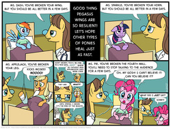 Size: 1129x852 | Tagged: safe, artist:kturtle, applejack, doctor horse, doctor stable, pinkie pie, rainbow dash, twilight sparkle, earth pony, pegasus, pony, unicorn, g4, breaking the fourth wall, broken horn, broken leg, broken wing, comic, dialogue, doctor, female, fourth wall, horn, hospital, injured, kicks mcgee, looking at you, male, mare, open mouth, stallion