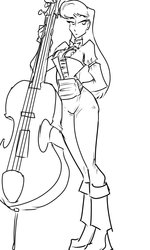 Size: 768x1280 | Tagged: safe, artist:jonfreeman, octavia melody, human, g4, arm behind back, cello, clothes, corset, female, humanized, legs, looking at you, monochrome, musical instrument, solo