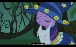 Size: 640x400 | Tagged: safe, screencap, star swirl the bearded, twilight sparkle, g4, luna eclipsed, clothes, cosplay, costume, nightmare night costume, star swirl the bearded costume, twilight the bearded, youtube caption