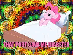 Size: 680x509 | Tagged: safe, pinkie pie, g4, cute, diabetes, image macro, lsd, pink text, trippy