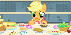 Size: 405x198 | Tagged: safe, screencap, applejack, earth pony, pony, a bird in the hoof, g4, season 1, animated, female, food, gif, hatless, hors d'oeuvre, indecision, loop, missing accessory, napkin, open mouth, salad, sandwich, solo