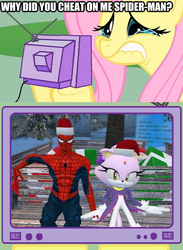 Size: 563x771 | Tagged: safe, fluttershy, pony, g4, adultery, blaze the cat, crossover, exploitable meme, fluttercry, hat, infidelity, male, meme, santa hat, sonic the hedgehog (series), spider-man, tv meme