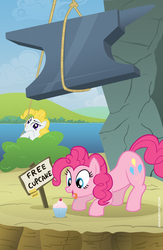 Size: 2008x3071 | Tagged: safe, artist:adiwan, pinkie pie, surprise, g1, g4, anvil, cupcake, food, g1 to g4, generation leap, high res, there can be only one, trap (device)