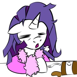 Size: 500x500 | Tagged: safe, artist:kryptchild, rarity, pony, unicorn, g4, bathrobe, clothes, eyes closed, female, ice cream, mare, morning ponies, open mouth, robe, solo, yawn