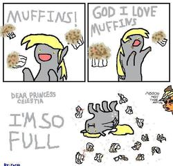 Size: 668x639 | Tagged: safe, applejack, derpy hooves, pegasus, pony, g4, baked bads, female, i'm so alone, mare, meme, muffin, that pony sure does love muffins, wat