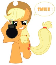 Size: 760x886 | Tagged: safe, artist:suki wolf, applejack, earth pony, pony, g4, female, gun, l.a.w., m72, rocket launcher, simple background, solo, the fourth wall cannot save you, weapon