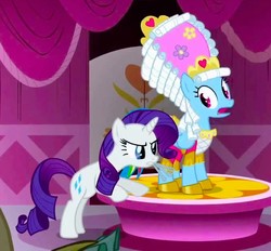 Size: 676x626 | Tagged: safe, screencap, rainbow dash, rarity, pegasus, pony, unicorn, g4, season 1, swarm of the century, carousel boutique, clothes, dashie antoinette, dress, female, flower, jewelry, looking offscreen, mare antoinette, open mouth, sewing needle, shocked, tiara, too frilly, wig