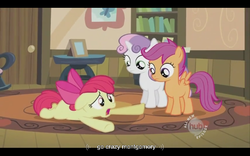 Size: 640x400 | Tagged: safe, screencap, apple bloom, scootaloo, sweetie belle, family appreciation day, g4, my little pony: friendship is magic, cutie mark crusaders, youtube caption