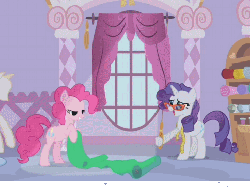 Size: 484x362 | Tagged: safe, screencap, pinkie pie, rarity, g4, season 1, suited for success, animated, bipedal, curtains, duo, female, glasses, loop, measuring tape, messy mane, rarity's glasses, reversed, sunlight