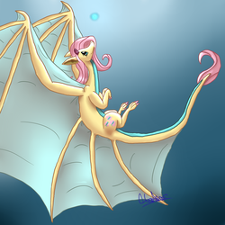 Size: 2653x2653 | Tagged: source needed, useless source url, safe, artist:heatherblaze725, fluttershy, dragon, g4, blue background, dragoness, dragonified, female, flutterdragon, high res, large wings, simple background, solo, species swap, wings