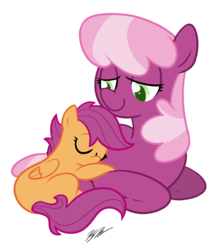 Size: 800x941 | Tagged: dead source, safe, artist:egophiliac, cheerilee, scootaloo, earth pony, pegasus, pony, g4, duo, duo female, female, filly, mare, scootalove, simple background, sleeping, transparent background