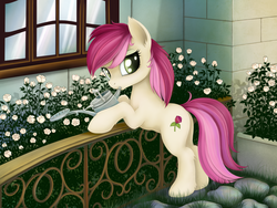 Size: 1600x1200 | Tagged: safe, artist:rainbow, roseluck, earth pony, pony, g4, female, flower, mare, mouth hold, solo, watering can