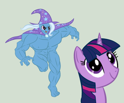 Size: 900x751 | Tagged: safe, artist:anonimounanime, artist:bonus, trixie, twilight sparkle, unicorn, anthro, plantigrade anthro, g4, abs, female, fetish, grand and muscular trixie, gray background, manly, mare, muscle fetish, muscles, overdeveloped muscles, simple background, this will end in pain, unicorn twilight, wat