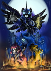 Size: 1000x1405 | Tagged: dead source, safe, artist:atryl, nightmare moon, pinkie pie, princess luna, oc, anthro, g4, dustykatt, female, full moon, guitar, male, mare, metal, microphone, moon, musical instrument, puppet, stallion