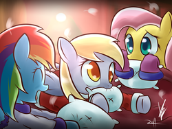 Size: 1400x1050 | Tagged: safe, artist:mister-markers, derpy hooves, fluttershy, rainbow dash, pegasus, pony, g4, cute, derpabetes, eyes closed, female, mare, pillow, pillow fight, slumber party, trio, trio female