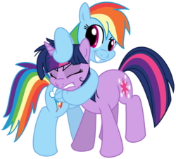 Size: 839x760 | Tagged: safe, artist:bswprecious, rainbow dash, twilight sparkle, pegasus, pony, unicorn, g4, bipedal, duo, eyes closed, female, mare, noogie, simple background, transparent background, unamused