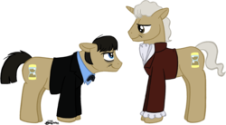 Size: 871x481 | Tagged: dead source, safe, artist:julianwilbury, doctor whooves, time turner, earth pony, pony, unicorn, g4, blazer, bowtie, clothes, cravat, crossover, doctor who, duo, frock coat, jon pertwee, patrick troughton, ponified, second doctor, self ponidox, shirt, simple background, the doctor, third doctor, timelord ponidox, transparent background